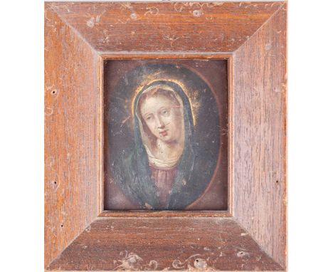 Late 18th/early 19th century school, an oil on copper portrait of the Virgin Mary, 8.4 cm x 6.5 cm in a wooden frame.