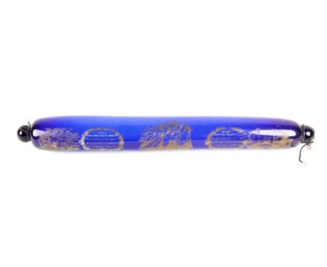 An unusually large Bristol blue glass 'Mariners' rolling pin, early 19th century, with gilt printed decoration of 'The Unfort