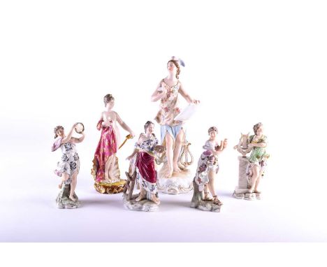 A group of Volkstadt porcelain figures emblematic of the arts, a figure of venus and a tall figure emblematic of painting, 12