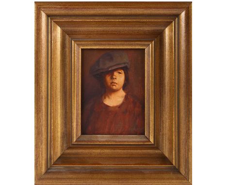 Ken Moroney (1949-2018) British, half-length portrait of a boy, attributed verso as 'Maroney's Son with Cap', oil on board, s