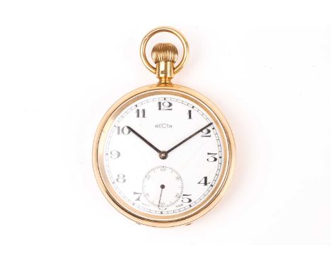 A Recta 18ct yellow gold open face pocket watch, the white enamel dial with black Arabic numerals and subsidiary seconds dial