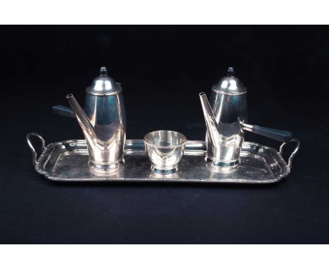 A pair of George V silver chocolate pots, on conforming twin-handled tray with sucrier, Birmingham 1929 by Barker Brothers Si