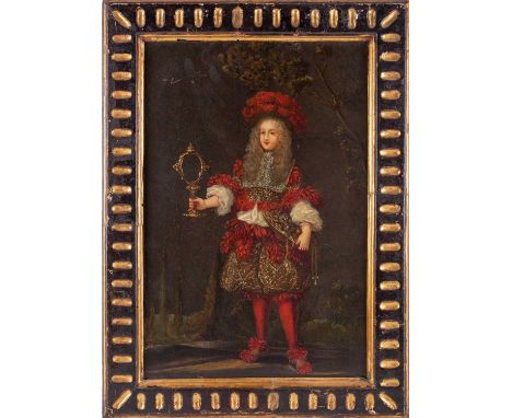 18th century school, a full length portrait of a nobleman in elaborate red tasselled costume, holding a mirror, oil on slate,