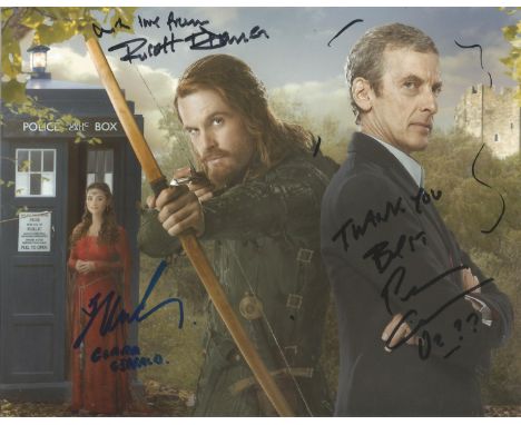 Dr Who Robot of Sherwood 10x8 signed colour photo signed by Dr WHO Peter Capaldi, Jenna Coleman and Russell T Davies. Good Co