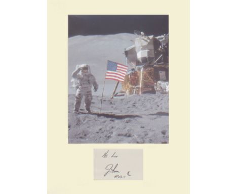 Apollo 15 James Irwin NASA astronaut Signature mounted with portrait of James Lovell. Professionally mounted to 16"x12". Good