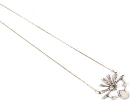 An Art Deco opal and diamond pendant, on chain, a fan motif of grain set old cut diamonds suspends an oval cut opal spaced by