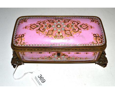 A 19th century French pink enamel and floral decorated jewellery casket, 21cm diameter