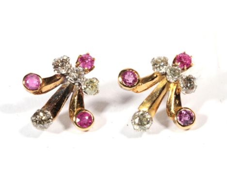 A pair of 1940s ruby and diamond earrings, inverted fleur de lis motifs set with round cut rubies and old cut diamonds, total