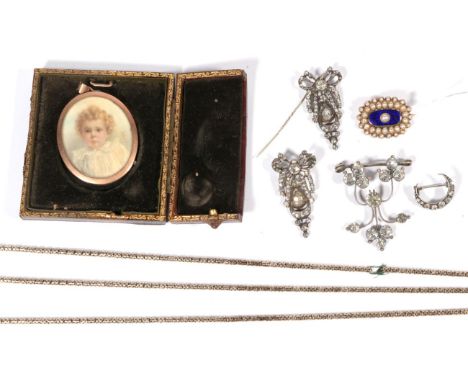 A Georgian blue enamel and split pearl mourning brooch, with hairwork locket back; a painted portrait miniature in frame, wit