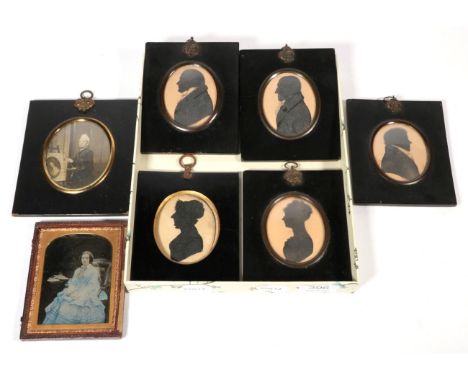 Five silhouette portraits; a photographic print of a Victorian lady and a Daguerreotype 