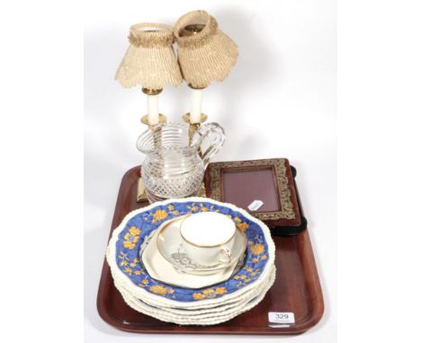 A set of six Spode plates; a pair of candlesticks with paper shades; teawares; frames etc 