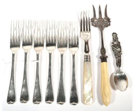 A set of six silver Old English pattern dessert forks; a Victorian ivory handled cold meat fork; a serving fork with mother o