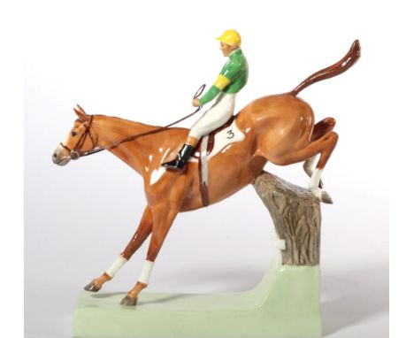 Royal Worcester 'Over the Sticks', model No. RW3116 by Doris Lindner, Green and Yellow Silks, Chestnut Horse, Black Backstamp