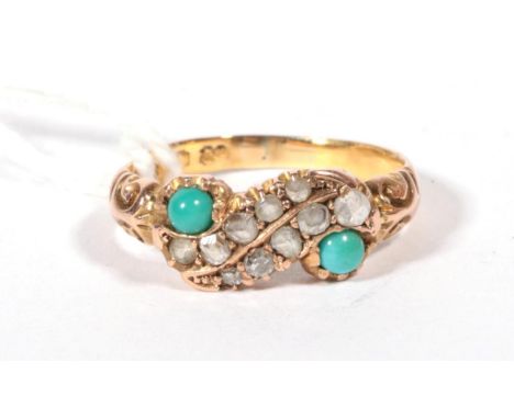 ~ A Victorian turquoise and diamond ring, of two rose cut diamond set scrolls each terminating with a turquoise, to scroll sh