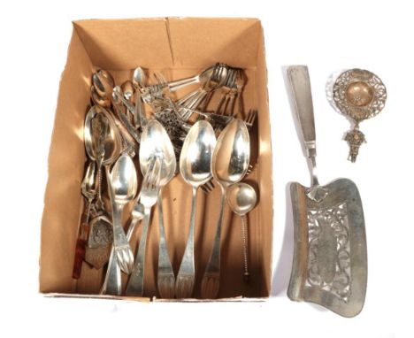 A quantity of assorted Dutch silver flatware, to include: a fish slice with pierced blade; sets of coffee spoons; pastry fork