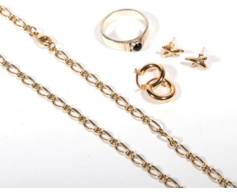 A 9 carat gold long and short link chain necklace, 45cm long; two pairs of 9 carat gold earrings; and a silver amethyst ring 