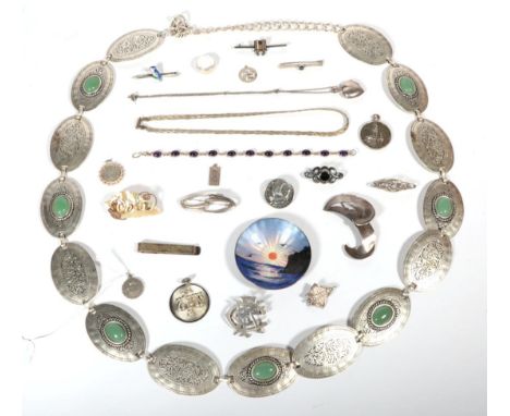 A Norwegian enamel pin dish by Askel Holmsen; and a collection of silver jewellery including a Georg Jensen St Christopher pe