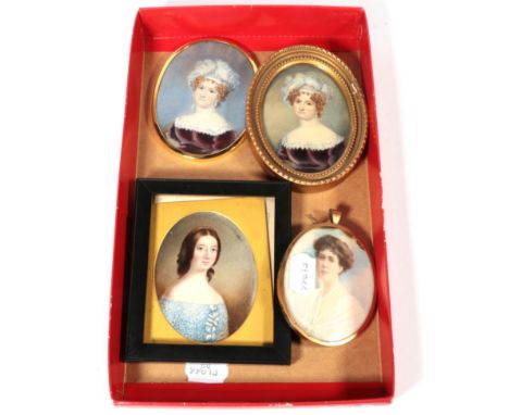 Two 19th century portrait miniatures on ivory; another similar portrait miniature with oval gilt frame; and a late Victorian 