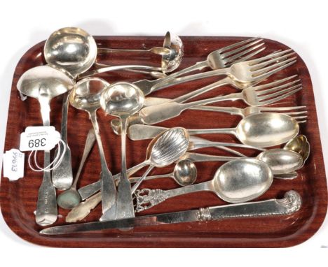 Assorted George III and later silver flatware, to include: a pair of Scottish toddy ladles, Edinburgh 1823; a pair of sauce l
