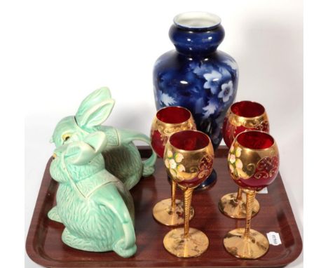 A pair of bunny teapots with covers; four Venetian drinking glasses; blue floral vase; a similar jardiniere; and a Victorian 