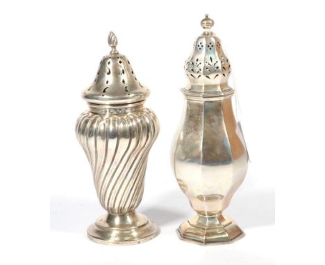 ~ Two silver casters: William Hutton &amp; Sons, London, 1905, baluster octagonal form; Walker &amp; Hall, Birmingham, 1899, 