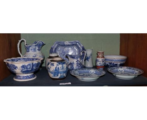 A pair of Chinese export porcelain soup plates; two crackle glaze ginger jars; and a quantity of printed blue and white ceram