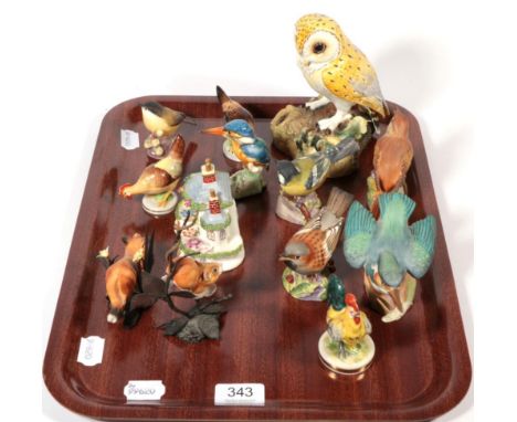 A tray of assorted bird ornaments including Continental examples; Royal Worcester; and Royal Crown Derby