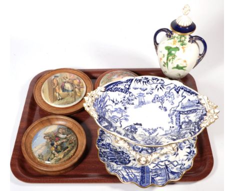 A Royal Worcester leadless glaze twin handled vase and cover (restored); a Royal Crown Derby blue and white ''Mikado'' patter