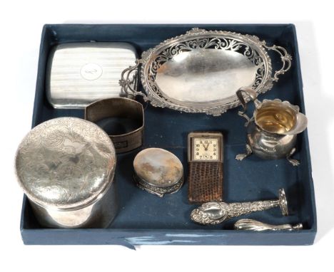 Assorted silver items to include: a twin handled dish with pierced border, London 1902; a cigarette case; leather covered poc
