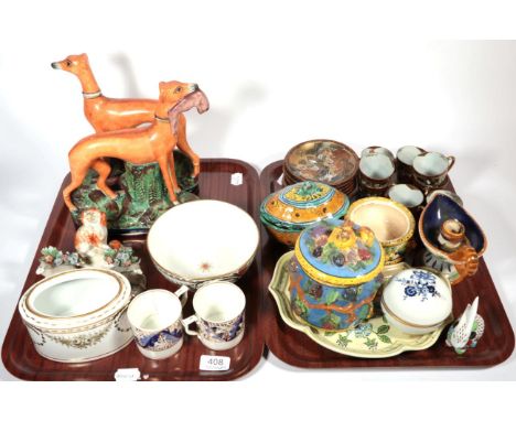 Two trays including two Staffordshire greyhound figures' a pair of Samson of Paris figures; Spode sugar basin (lacking cover)
