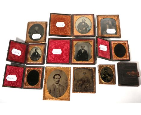 A collection of nine various Victorian Daguerrotypes of men including seated soldier with army sharpshooter insignia, some ca
