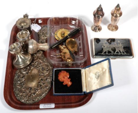 Assorted silver and other items to include: condiments; mirror; a Thai cigarette case; together with a fountain pen with gold