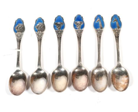 A set of six silver and enamel Kruger National Park teaspoons, Th. Marthinsen, stamped Sterling, decorated with giraffe; lion