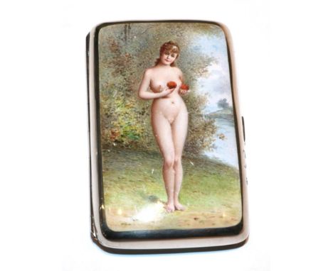 A Victorian silver enamelled cigarette case, circa 1888 by George Heath, London, decorated with a nude female holding a pair 