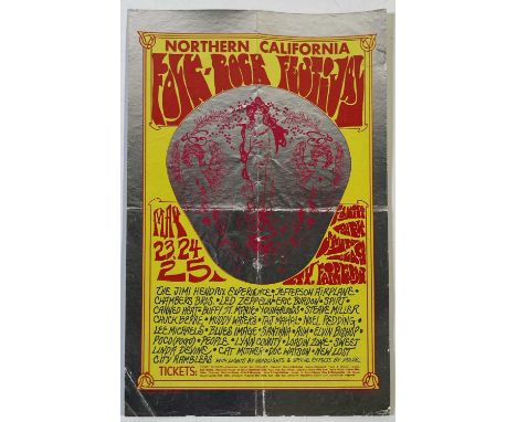 An original handbill with silver foil effect, advertising the 1968 Northern California Folk-Rock Festival with billed artists