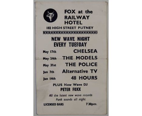 An original card handbill advertising the 'New Wave Night' at The Fox, Putney, London in May and June 1977. Bands inc Chelsea