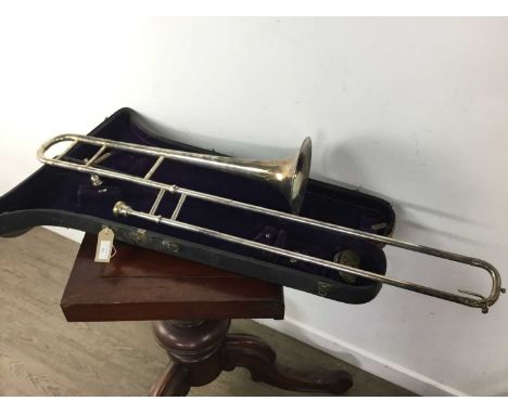 JEDSON OF BOHEMIA SILVER PLATED TROMBONE, in original fitted case the case 86cm long 