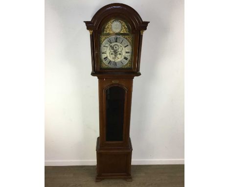 MAHOGANY LONGCASE CLOCK, EARLY 20TH CENTURY with two train eight day movement, the brass dial with silvered roman numeral cha
