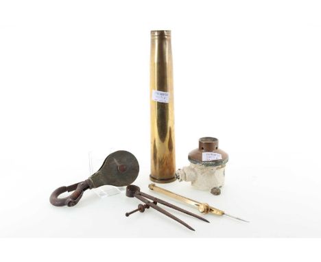 PAIR OF WWII WELDING GOGGLES AND OTHERS, including a shell case, marine artefacts including two miniature anchors, roller sha