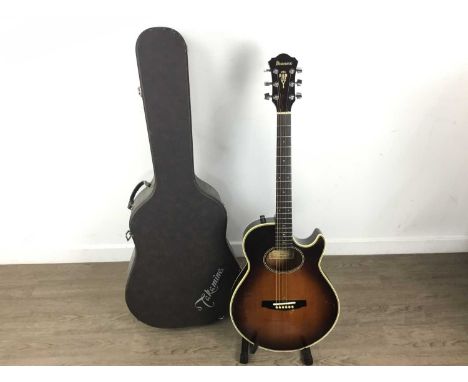IBANEZ SEMI ACOUSTIC GUITAR, MODEL AB405TV serial no 831003191, natural sunburst finish and in hard case103cm long Co dition 