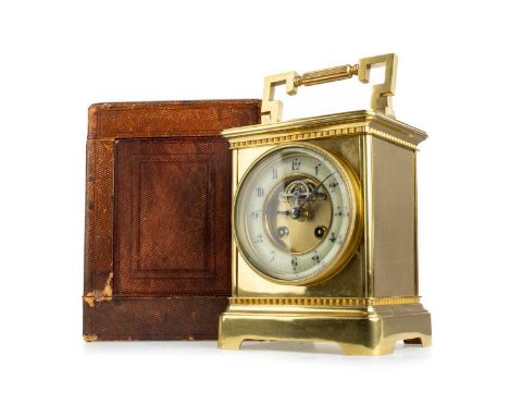 OVERSIZED VICTORIAN CARRIAGE CLOCK, with visible escapement, the twin train movement striking on a coil, Arabic numeral chapt