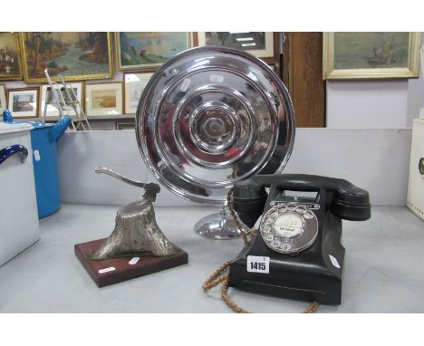 A Vintage Desk Weight as an Axe Embedded in a Tree Stump, an Art Deco shop cake stand on adjustable base; plus a black bakeli