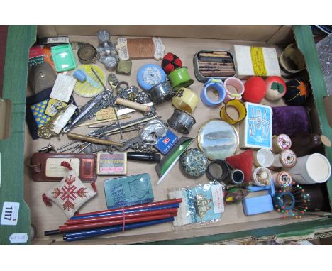 Sewing Collectable Items, tinplate toys, crayons, Victorian pen nibs, etc:- One Box