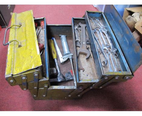 Spanners, 500 axe, lump hammer, Colley grease gun, other tools in metal carry box.