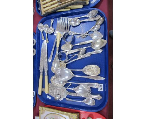 Five Silver Teaspoons, plated cutlery, shell tea caddy, cake knives:- One Tray.