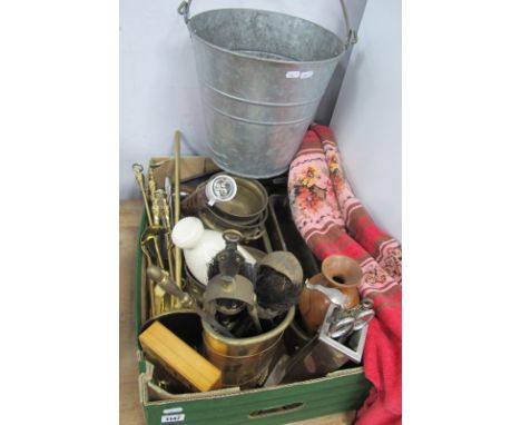 Brass Fire Irons, copper planter, oak barley twist candlesticks, galvanized bucket:- One Box.