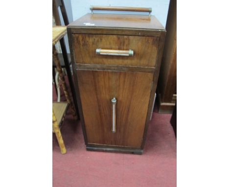 An Art Deco Style Walnut Bedside Cabinet, with rail top, single drawer, cupboard door on a shaped base, block feet 35cm wide.