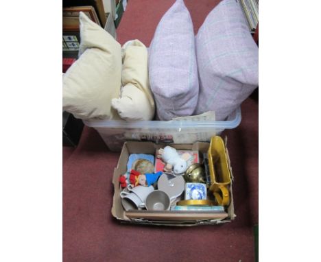 A Weighted Throw, cushions, brass counter bell, print, Poole tea ware, Ringtons tea caddy, onyx egg, etc:- Two Boxes.