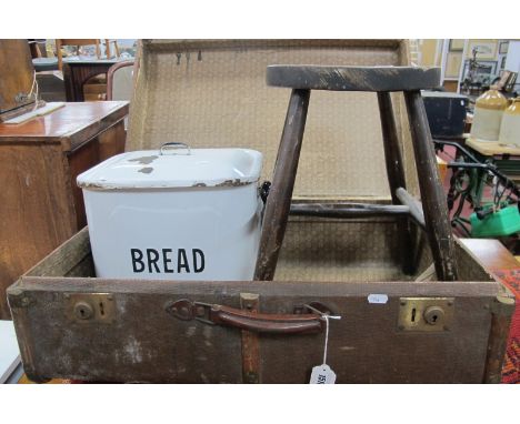Enamelled Bread Bin, stool, hessian trunk.