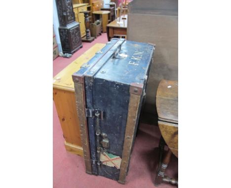 Metal Travelling Trunk, circa 1900, with wooden protector slats and British Indian Steamer label, 90cm wide.